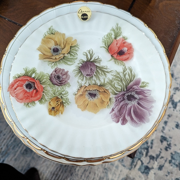 Chance Glass Made in England plate. Clear glass, gold trim, floral painting. - Picture 3 of 5
